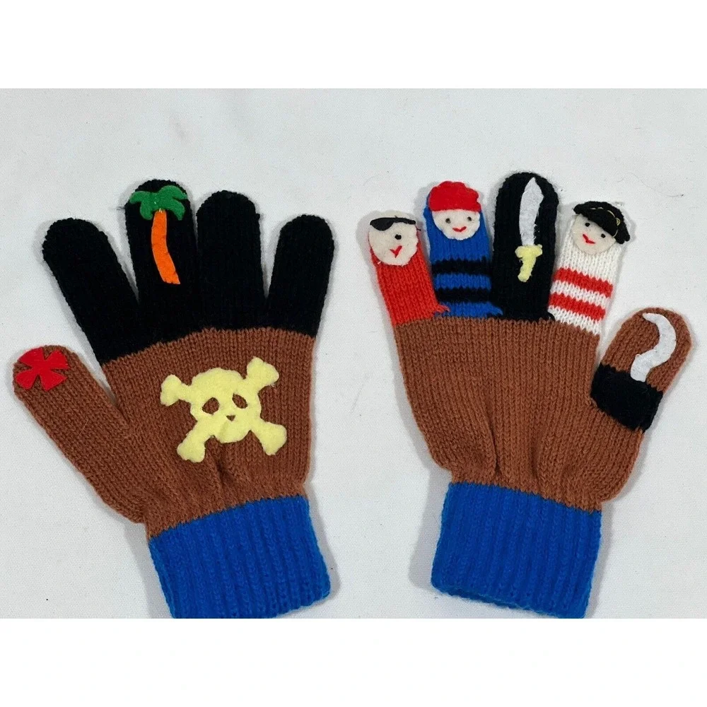 Kidorable‎ Kids Pirate Knit Gloves Blue Brown Skull Finger Puppets Handmade Soft